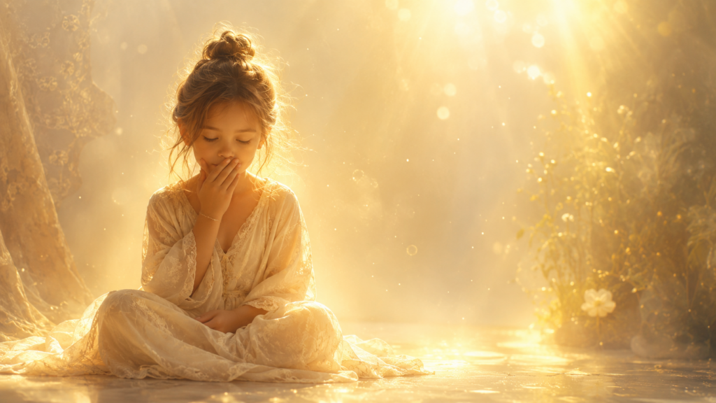 Petite fille retenant ses mots et ses émotions, symbole du conditionnement de l'enfance qui apprend à ne pas déranger et qui se construit un mur intérieur.