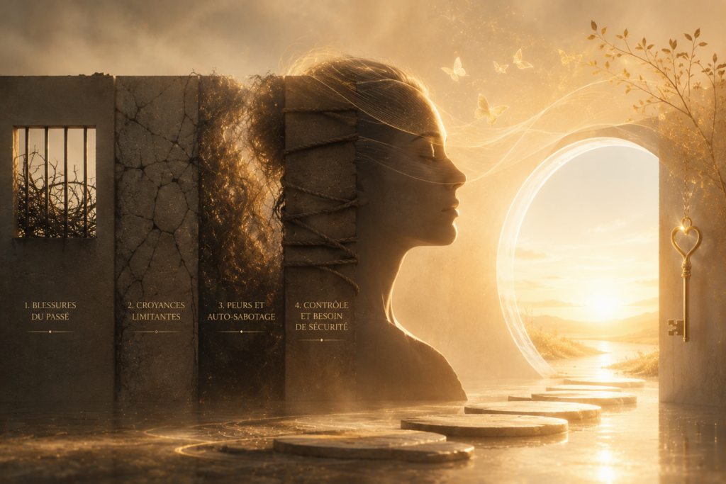 Femme recroquevillée au centre d'une pièce dorée formée de quatre murs lumineux nommés mental, émotionnel, énergétique et corporel, avec une clé lumineuse au sol devant une porte ouverte, symbole des quatre dimensions de la prison intérieure