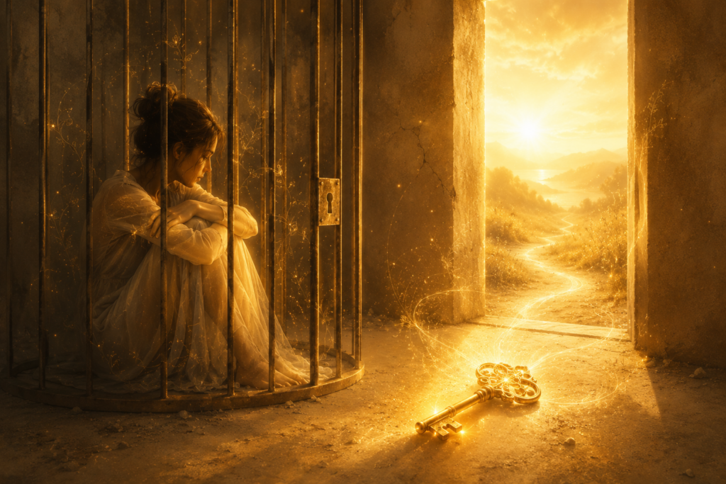 Femme recroquevillée dans une cage dorée, une clé lumineuse posée au sol devant une porte ouverte sur un chemin ensoleillé, symbole de la libération de la prison intérieure