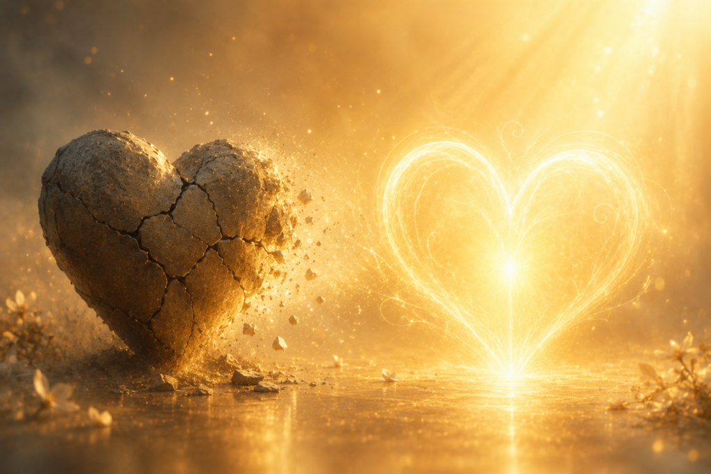Illustration symbolique représentant le passage du rejet de soi vers l'amour de soi, avec un cœur fissuré s'ouvrant à une lumière dorée. Cette image évoque la libération émotionnelle, la guérison intérieure et la transformation profonde.