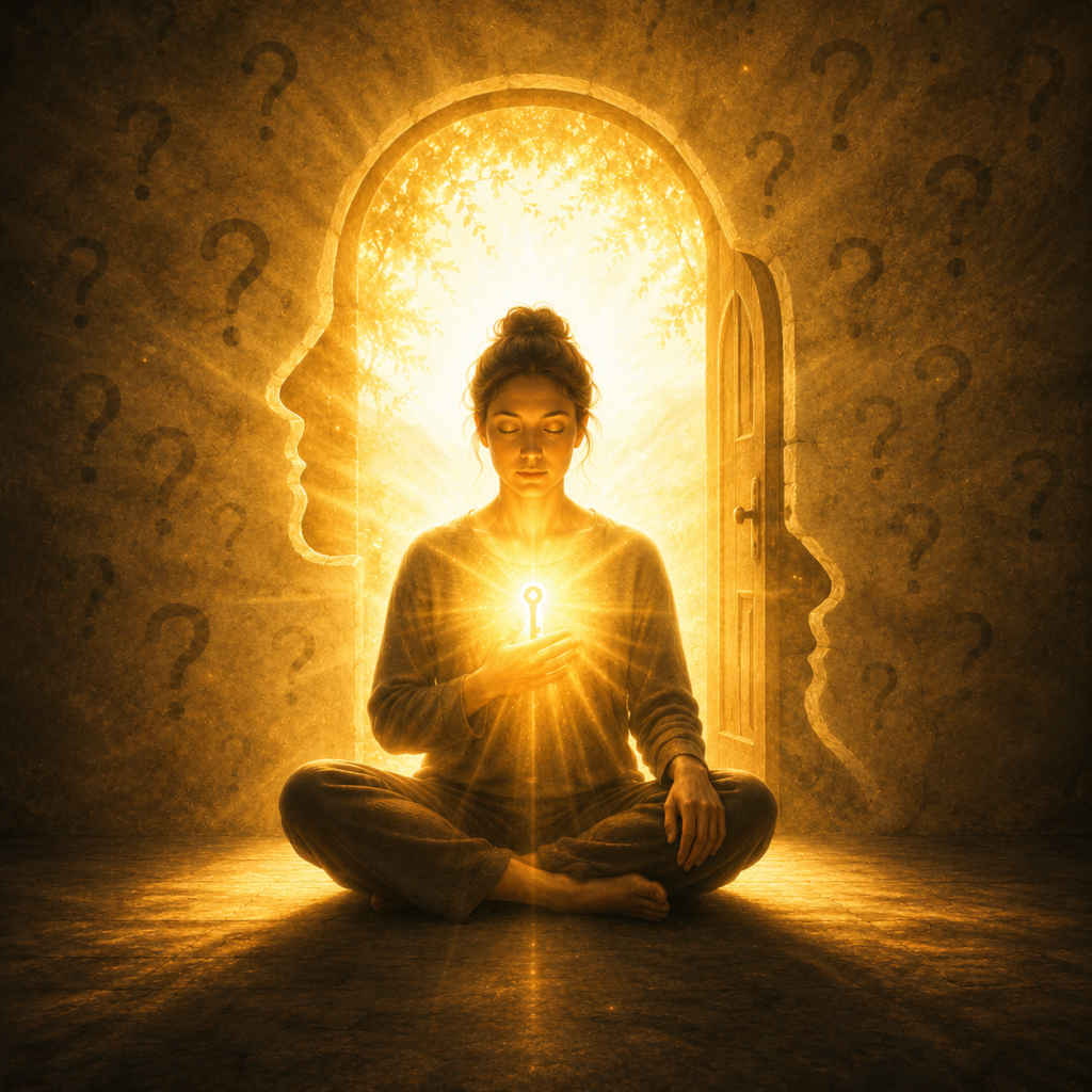 Femme en méditation tenant une lumière dorée rayonnante au niveau du cœur, symbolisant la puissance de la lumière intérieure et le fait que toutes les réponses se trouvent en soi.