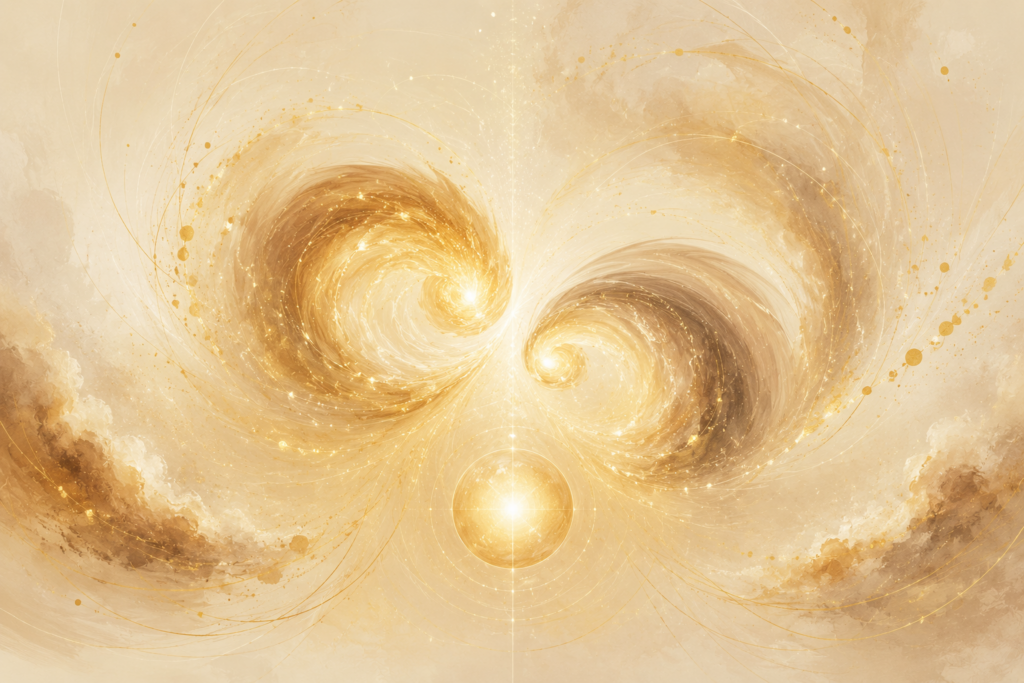 Illustration symbolique du parcours Flammes Jumelles : deux flammes lumineuses dorées qui spiralent l'une vers l'autre et fusionnent en une seule sphère de lumière, évoquant la fusion intérieure