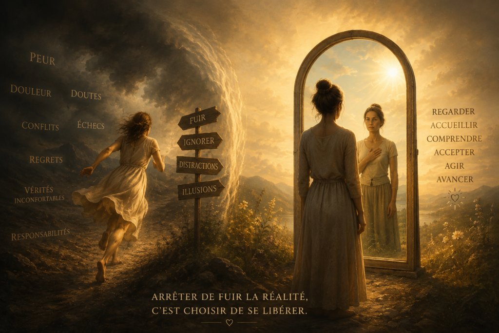 Illustration symbolique : d'un côté une femme fuit vers une tempête sombre chargée de peurs et d'illusions, de l'autre elle se tient face à un miroir lumineux et ose se regarder en vérité, évoquant le choix de cesser de fuir sa réalité pour se libérer