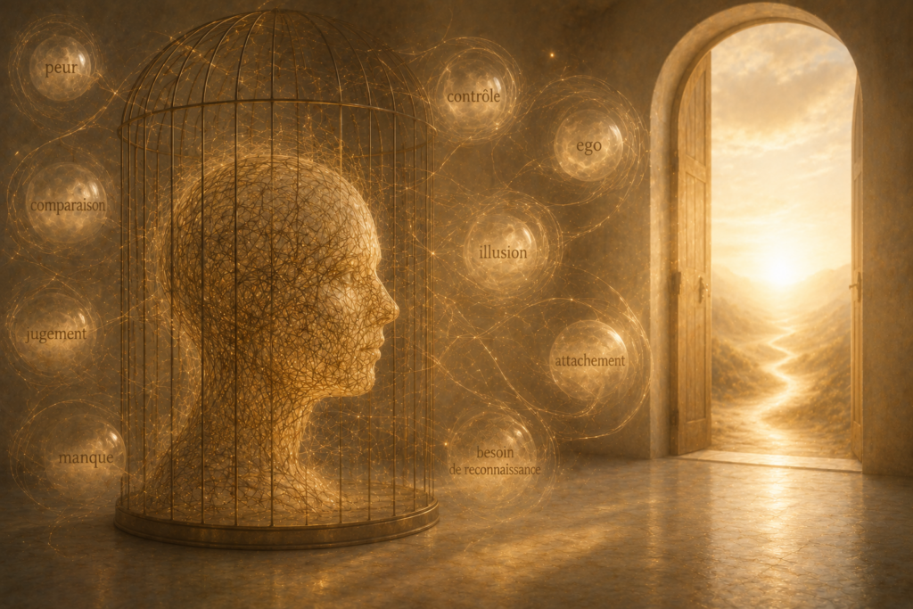 Tête humaine lumineuse enfermée dans une cage dorée, entourée des mots peur, contrôle, ego, illusion, attachement, jugement, comparaison, manque et besoin de reconnaissance, face à une porte ouverte sur un chemin de lumière, symbole du lâcher-prise et de la libération intérieure