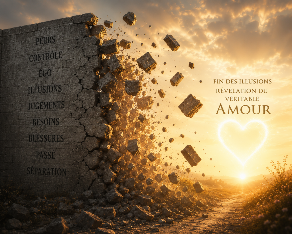 Mur de pierres portant les mots peurs, contrôle, ego, illusions, jugements, besoins, blessures, passé et séparation, qui se désintègre et s'envole en lumière dorée vers un cœur lumineux et un chemin de soleil, symbole de la fin des illusions et de la révélation du véritable amour de soi
